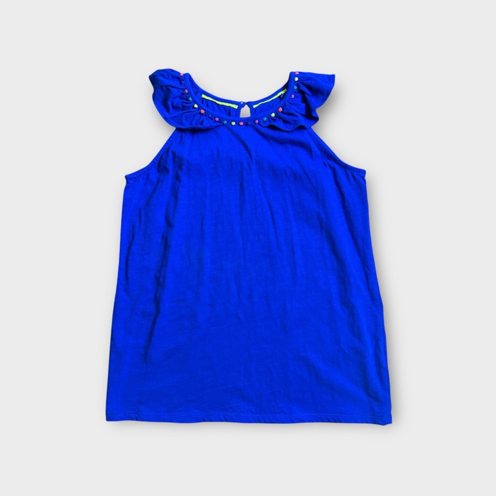 Mini Boden Pom Poms Detail Ruffle Collar Blue Top